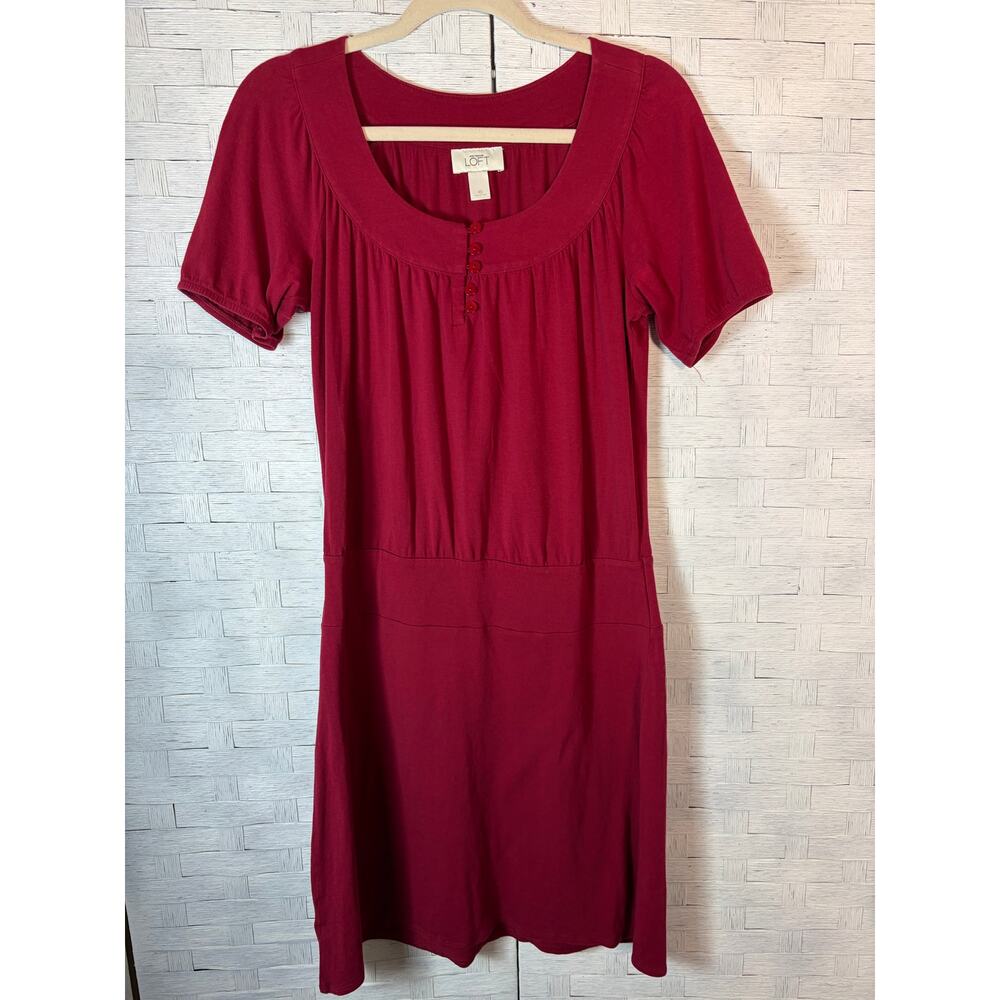 Ann Taylor loft women's shirt‎ dress drop waist deep red button collar travel